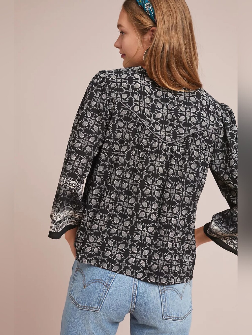 AMADI Anthropologie Mod Printed Blouse Women's L Boho Peasant - Picture 3 of 6